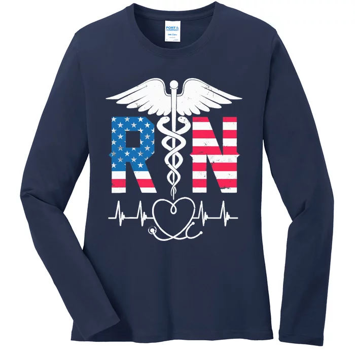 Wo RN Registered Nurse USA Flag Caduceus Stethoscope Patriotic Ladies Long Sleeve Shirt