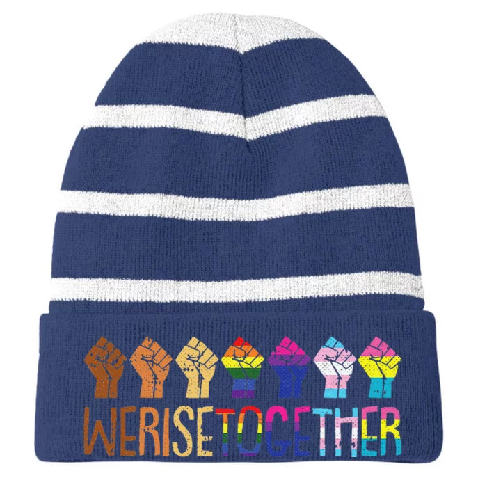 We Rise Together Lgbtq Pride Social Justice Equality Ally Striped Beanie with Solid Band