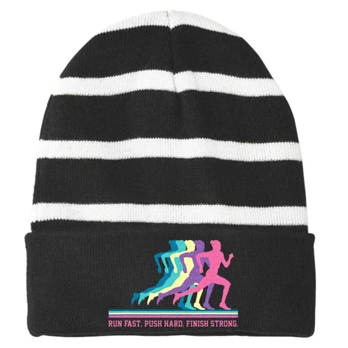 Women Running Track & Field Runner Motivational Training Striped Beanie with Solid Band