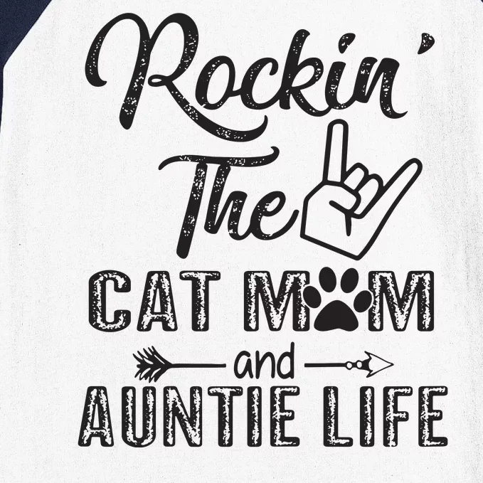 Womens Rockin' The Cat Mom And Auntie Life Mother's Day Gifts Baseball Sleeve Shirt