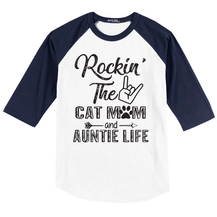 Womens Rockin' The Cat Mom And Auntie Life Mother's Day Gifts Baseball Sleeve Shirt