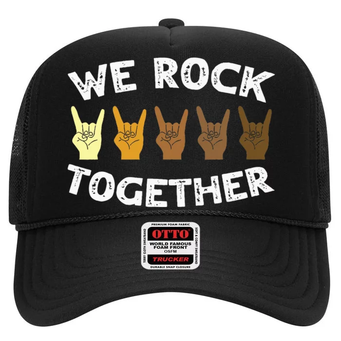 We Rock Together Rocker Skeleton Hand High Crown Mesh Trucker Hat