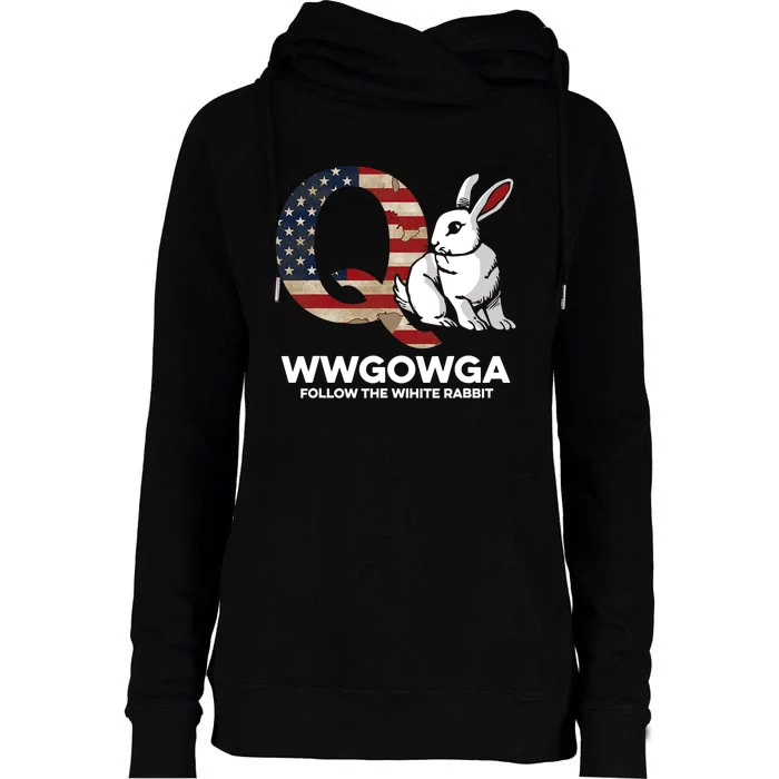 White Rabbit US Flag Q Anon Womens Funnel Neck Pullover Hood