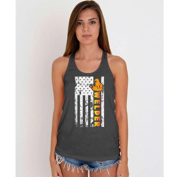 Welder Retro Vintage USA American Flag Welder Funny Welding Women's Knotted Racerback Tank