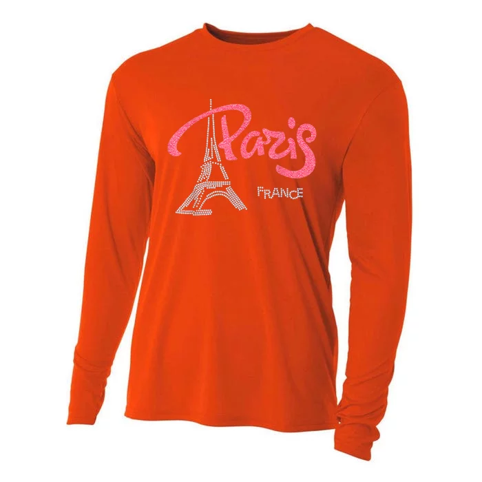 Women's Rhinestone & Vinyl Fitted Tight Pink Paris Eiffel Cooling Performance Long Sleeve Crew