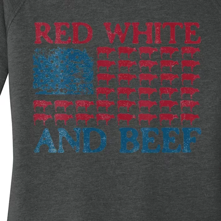 Womens Red White And Beef 4th Of July Cattle American Flag Cow Women's Perfect Tri Tunic Long Sleeve Shirt