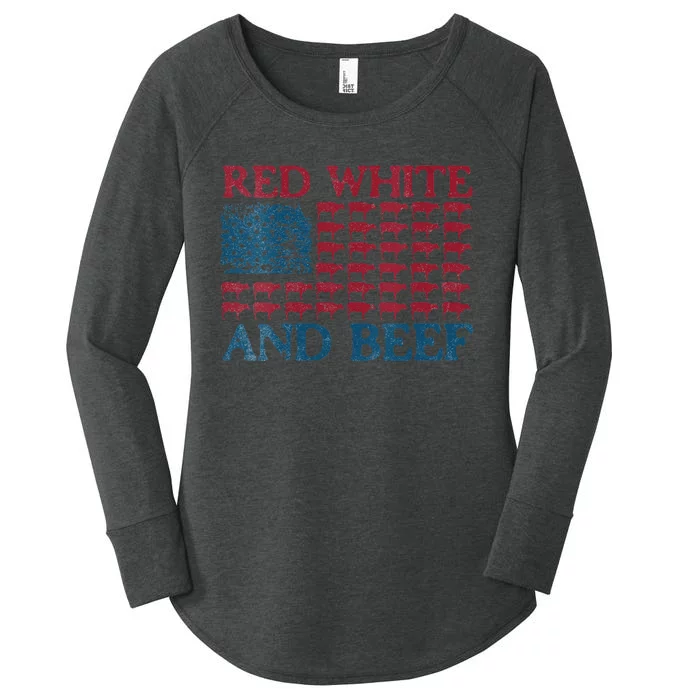 Womens Red White And Beef 4th Of July Cattle American Flag Cow Women's Perfect Tri Tunic Long Sleeve Shirt