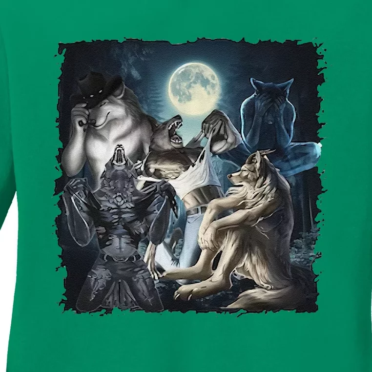 Wolf Ripping Werewolf Alpha Wolf Funny Oddly Meme Ladies Long Sleeve Shirt