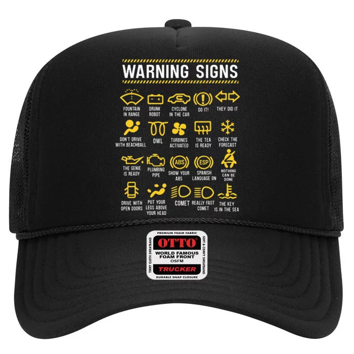 Warning Signs 101 Funny Car Mechanic High Crown Mesh Trucker Hat