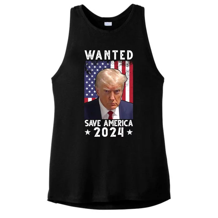 Wanted Save America 2024 Donald Trump USA Flag Ladies Tri-Blend Wicking Tank