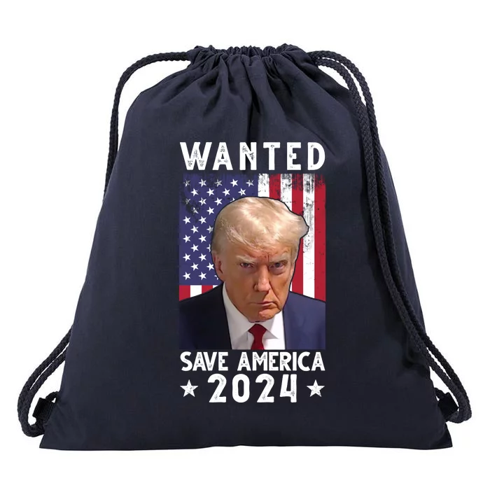 Wanted Save America 2024 Donald Trump USA Flag Drawstring Bag