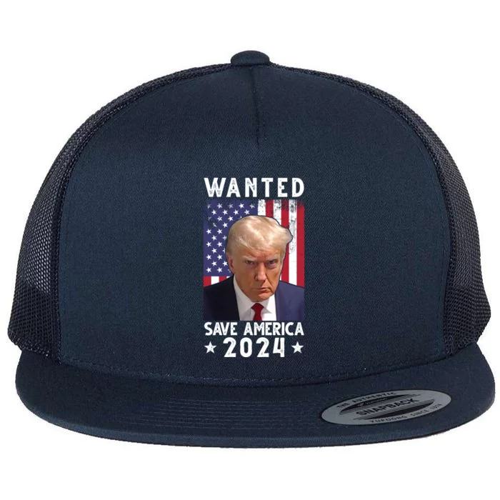 Wanted Save America 2024 Donald Trump USA Flag Flat Bill Trucker Hat