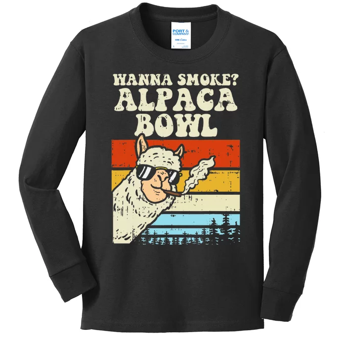 Wanna Smoke Alpaca Bowl Weed Funny Cannabis 420 Stoner Gift Kids Long Sleeve Shirt