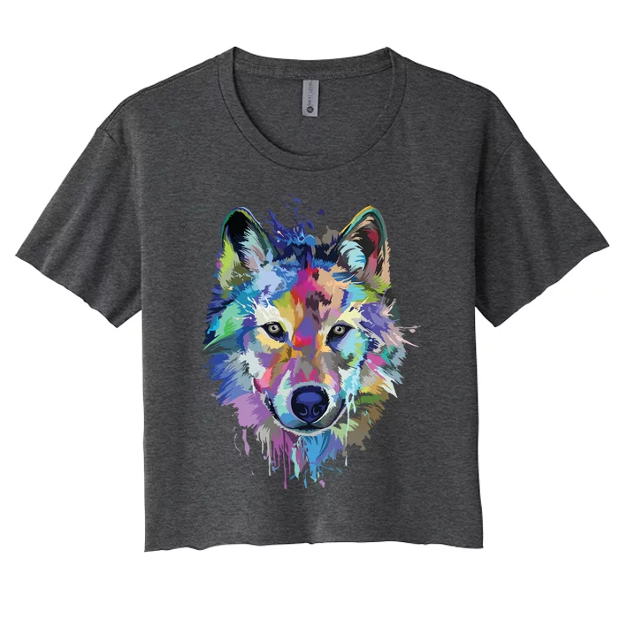 Wolf Splash Art Animal Face | Wolf Lover Women's Crop Top Tee