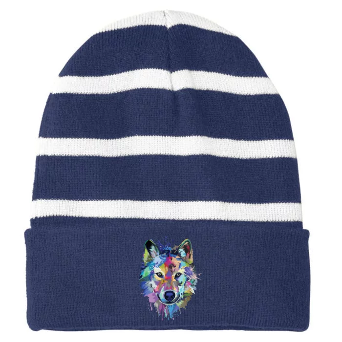 Wolf Splash Art Animal Face | Wolf Lover Striped Beanie with Solid Band