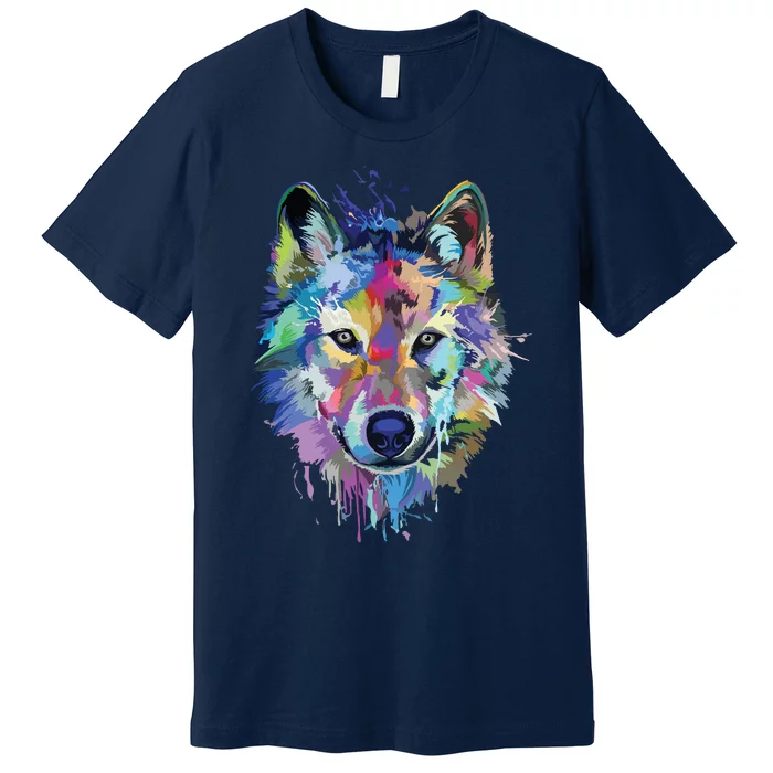 Wolf Splash Art Animal Face | Wolf Lover Premium T-Shirt