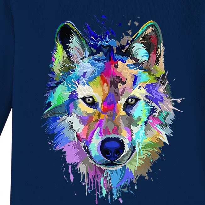 Wolf Splash Art Animal Face  Wolf Lover Baby Long Sleeve Bodysuit