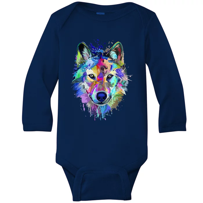 Wolf Splash Art Animal Face  Wolf Lover Baby Long Sleeve Bodysuit