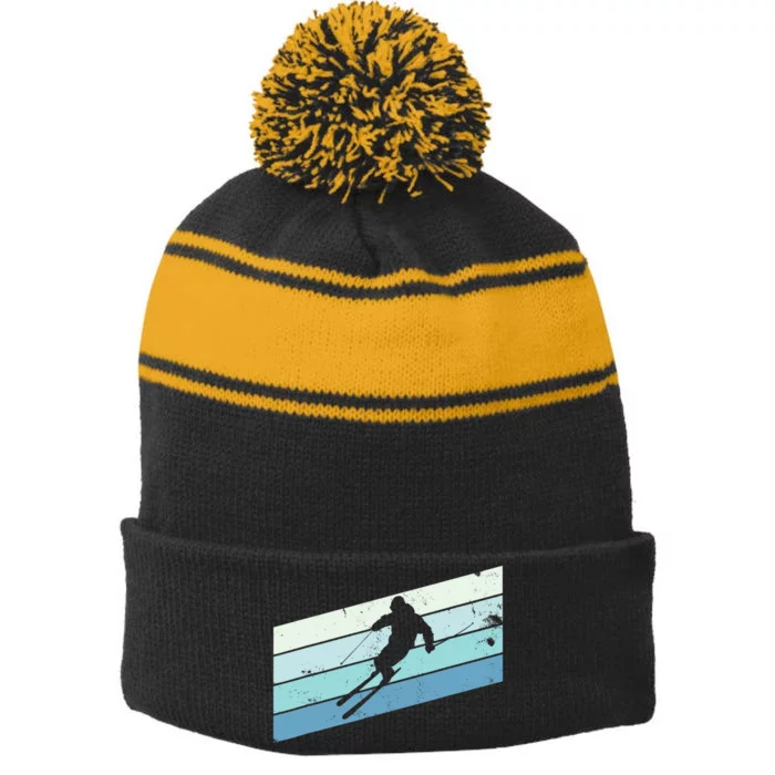 Winter Sports And Snow Skier Retro Snow Skiing Stripe Pom Pom Beanie