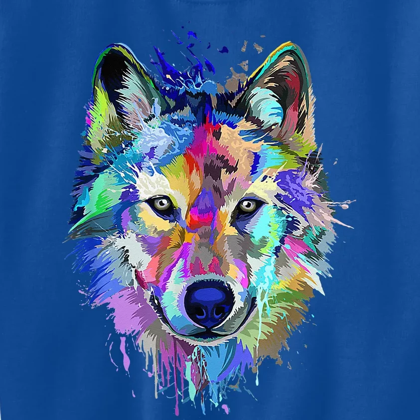 Wolf Splash Art Animal Face Wolf Lover Kids Sweatshirt