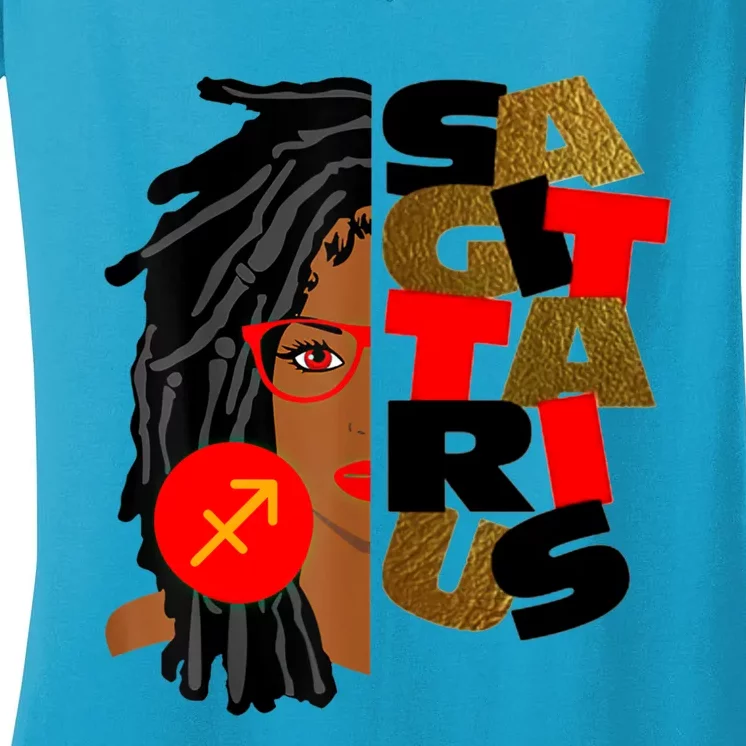 Wo Sagittarius Afro Locs Zodiac Signs Birthday Meaningful Gift Women's V-Neck T-Shirt