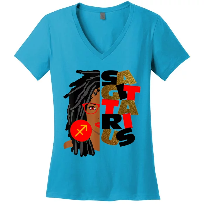 Wo Sagittarius Afro Locs Zodiac Signs Birthday Meaningful Gift Women's V-Neck T-Shirt