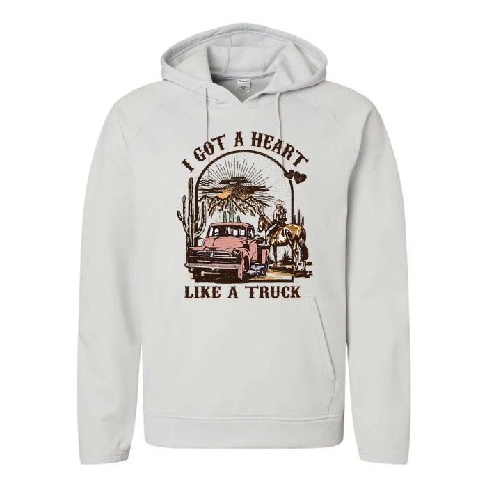 Western Sunset Cowgirl I Got A Heart Like A Truck Performance Fleece Hoodie