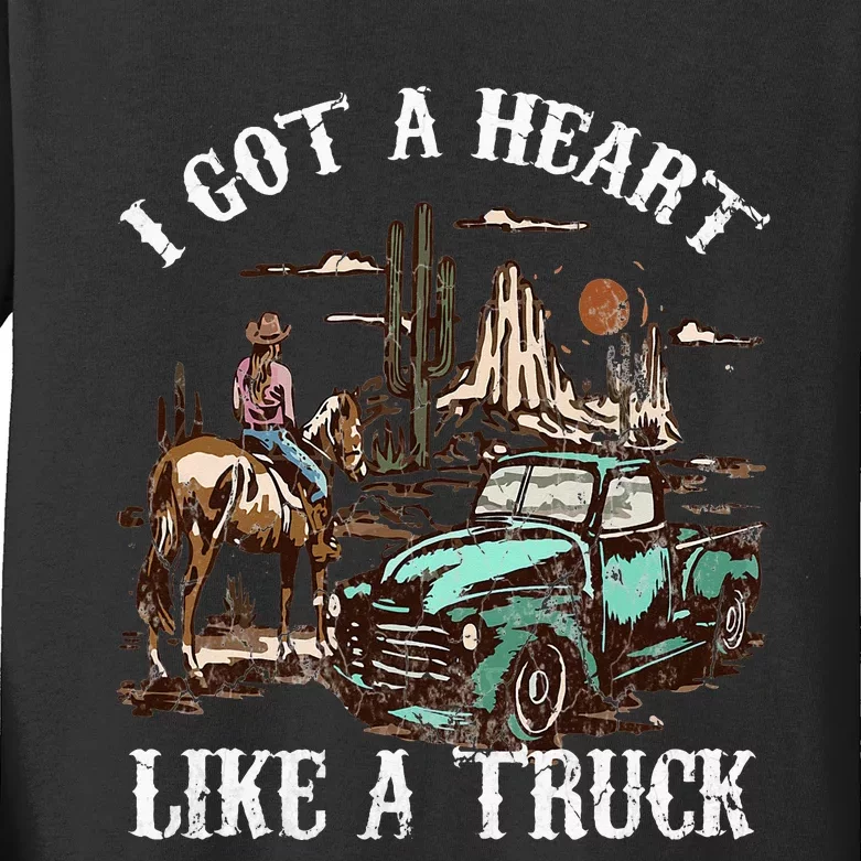 Western Sunset Cow I Got A Heart Like A Truck Vintage Kids Long Sleeve Shirt