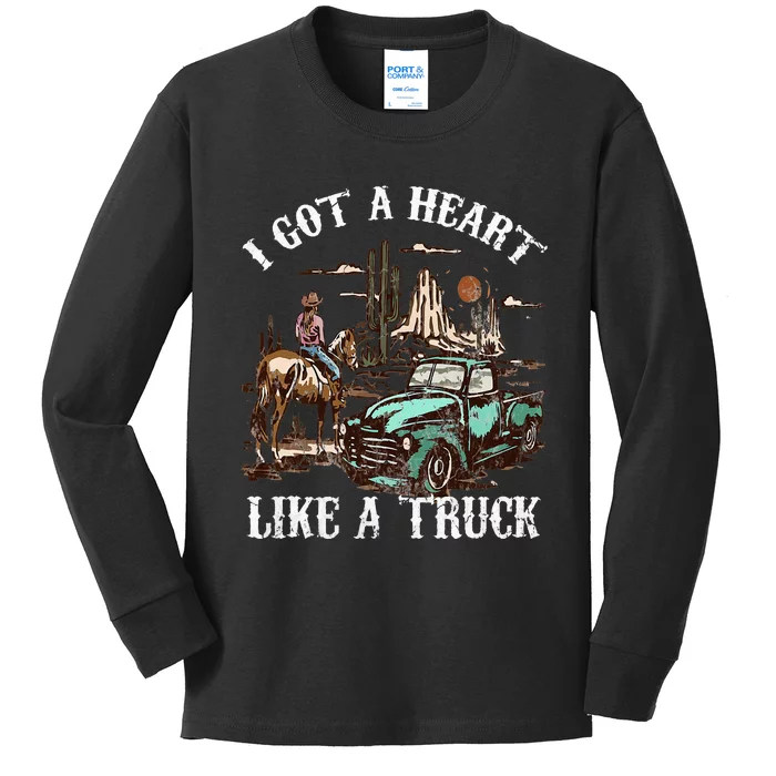 Western Sunset Cow I Got A Heart Like A Truck Vintage Kids Long Sleeve Shirt