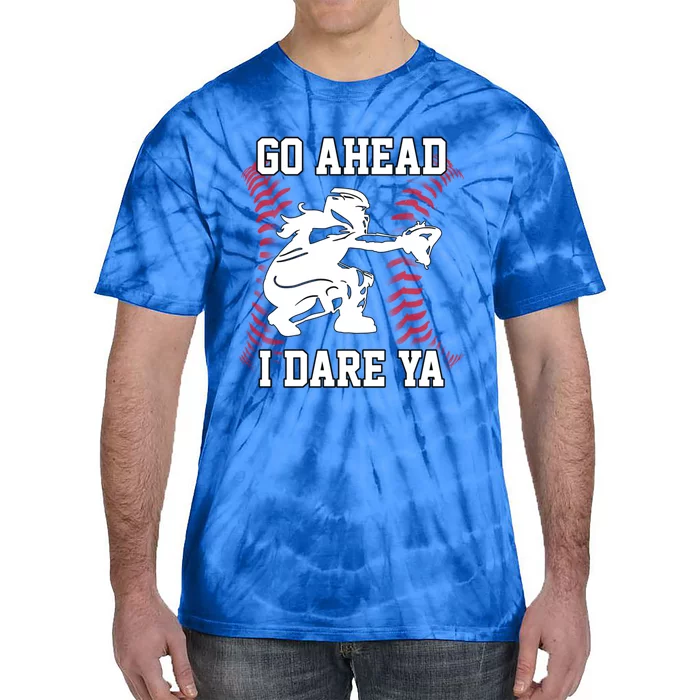 Wo's Softball Catcher Funny Teen I Dare Ya Great Gift Tie-Dye T-Shirt