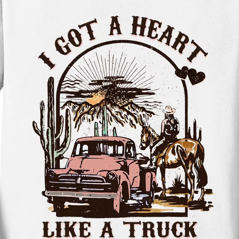 Western Sunset Cowgirl I Got A Heart Like A Truck Kids Long Sleeve Shirt