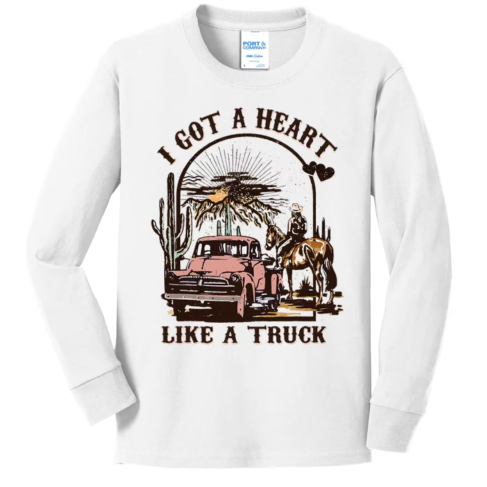 Western Sunset Cowgirl I Got A Heart Like A Truck Kids Long Sleeve Shirt