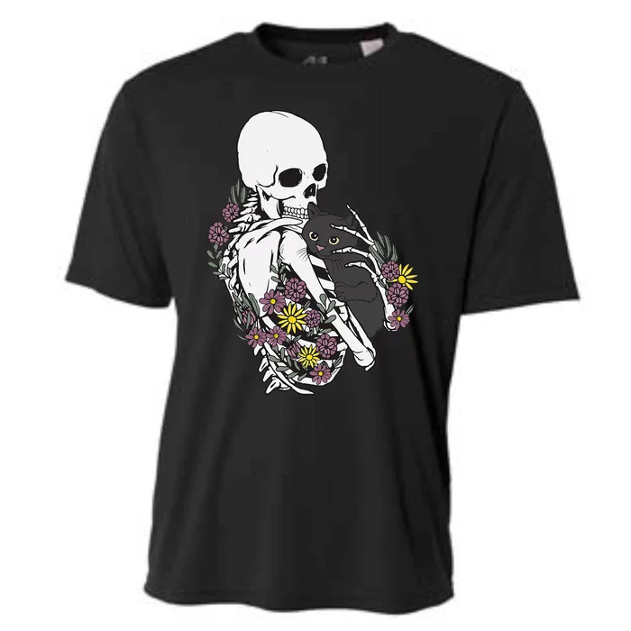 Whimsical Skeleton Cat with Floral Accents Cooling Performance Crew T-Shirt