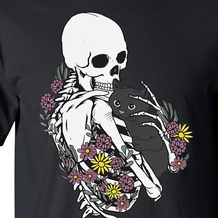 Whimsical Skeleton Cat with Floral Accents Tall T-Shirt