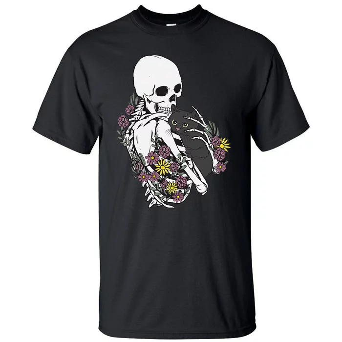 Whimsical Skeleton Cat with Floral Accents Tall T-Shirt