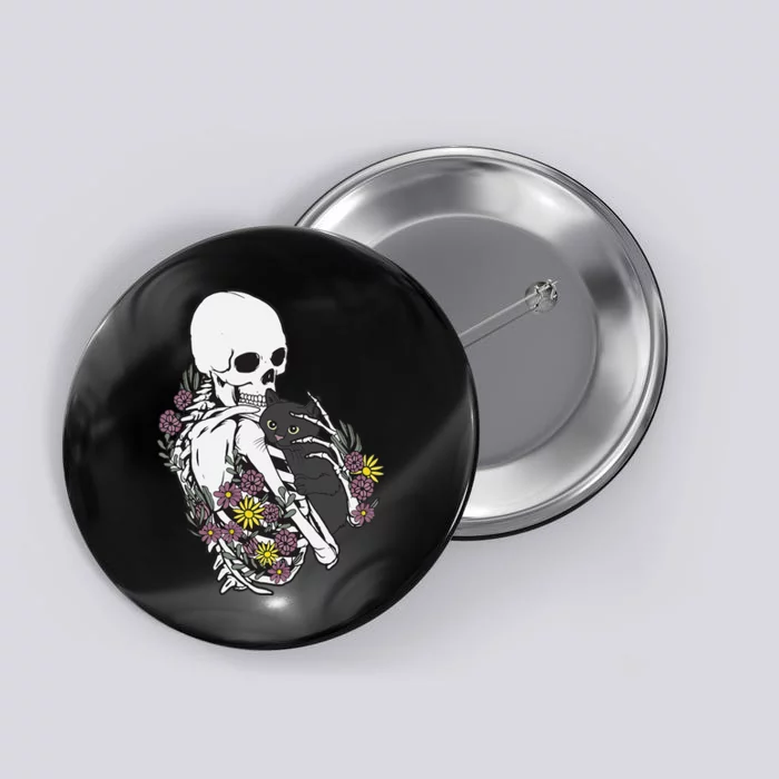 Whimsical Skeleton Cat with Floral Accents Button