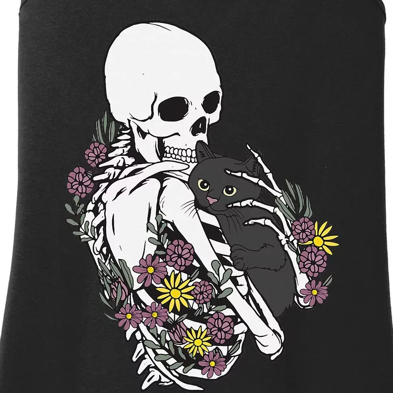 Whimsical Skeleton Cat with Floral Accents Ladies Essential Tank