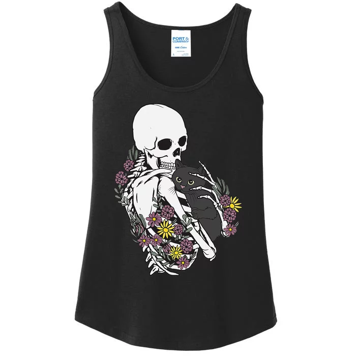 Whimsical Skeleton Cat with Floral Accents Ladies Essential Tank