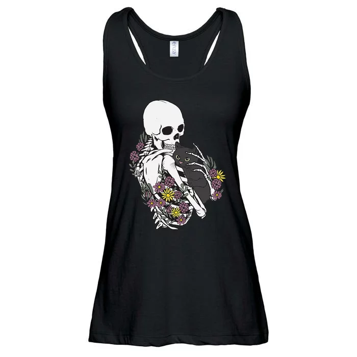 Whimsical Skeleton Cat with Floral Accents Ladies Essential Flowy Tank