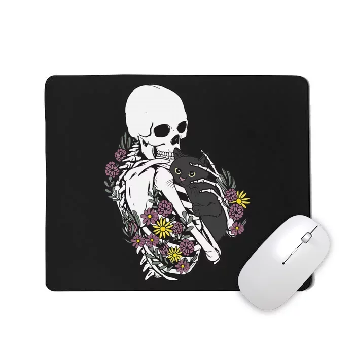 Whimsical Skeleton Cat with Floral Accents Mousepad