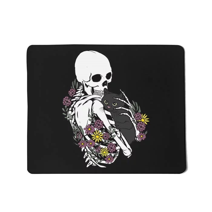 Whimsical Skeleton Cat with Floral Accents Mousepad