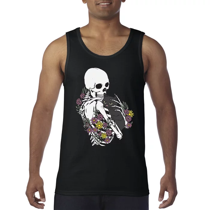 Whimsical Skeleton Cat with Floral Accents Tank Top