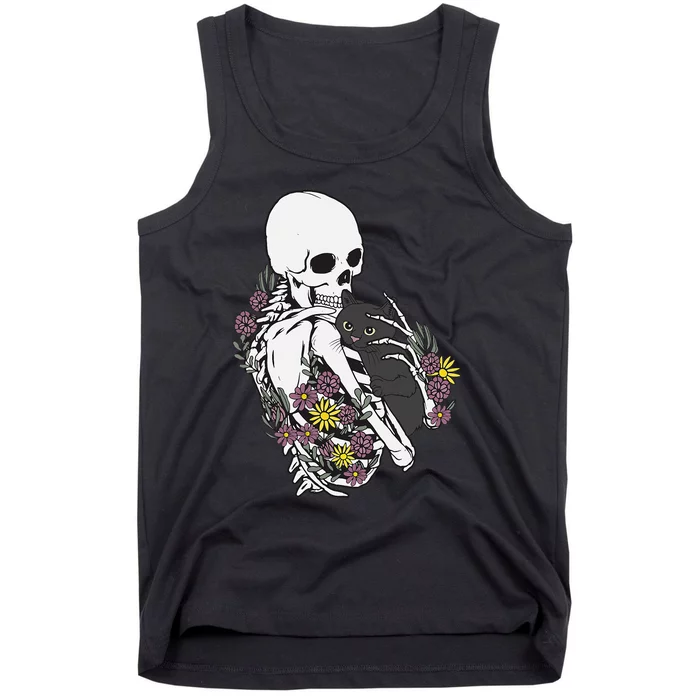 Whimsical Skeleton Cat with Floral Accents Tank Top