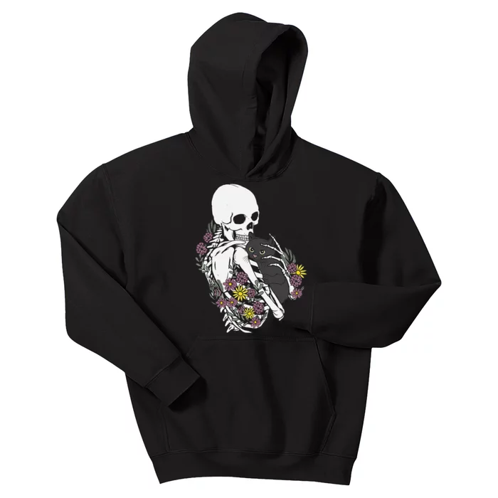 Whimsical Skeleton Cat with Floral Accents Kids Hoodie