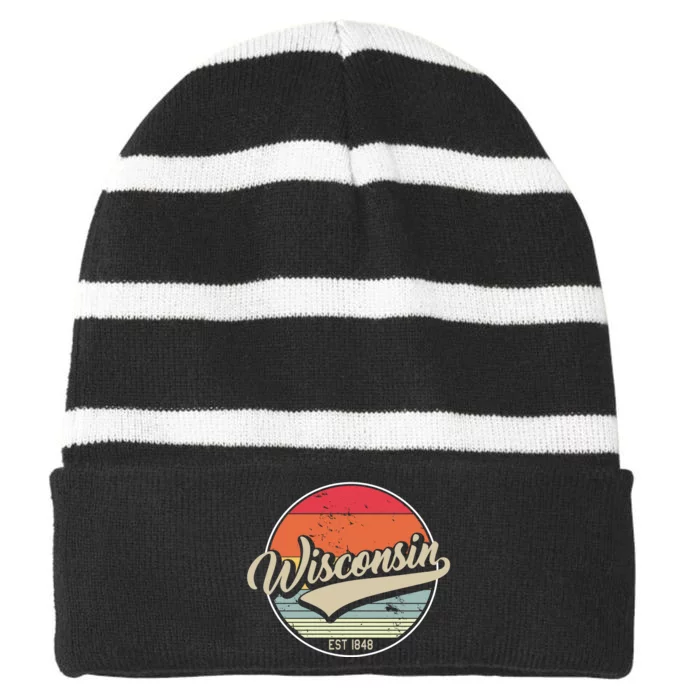 Wisconsin State Est 1849 Retro Vintage Striped Beanie with Solid Band