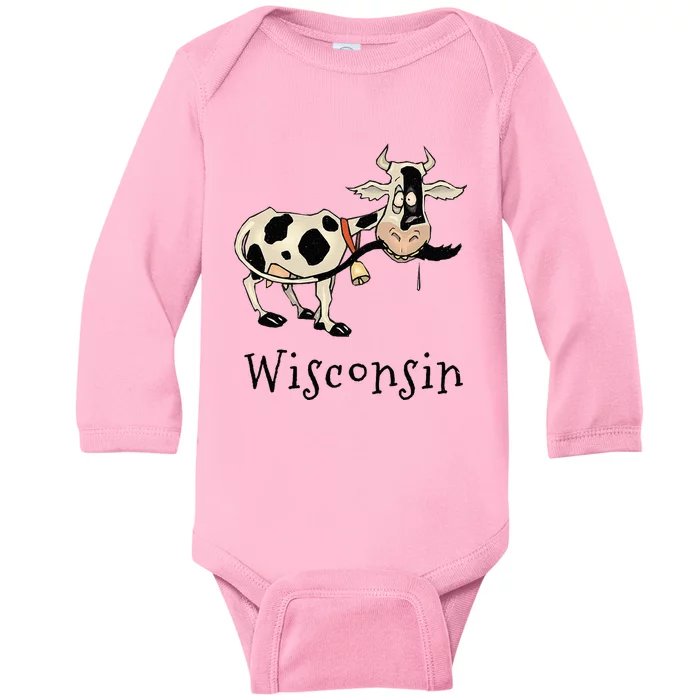 Wisconsin Silly Funny Whimsy Dairy Cow Farm Holstein Baby Long Sleeve Bodysuit