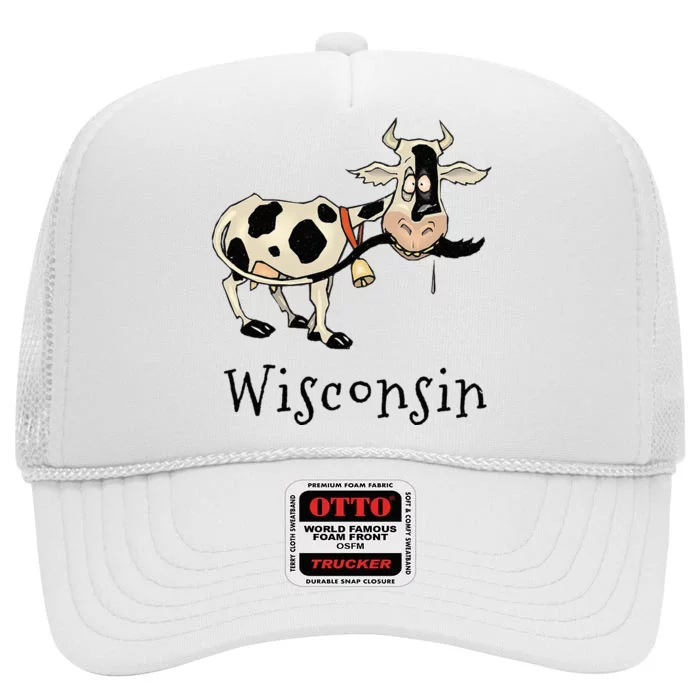 Wisconsin Silly Funny Whimsy Dairy Cow Farm Holstein High Crown Mesh Trucker Hat