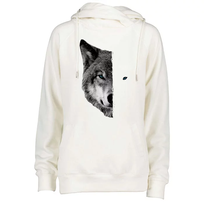 Wolf Split Face Wolf Magical Wolves Womens Funnel Neck Pullover Hood