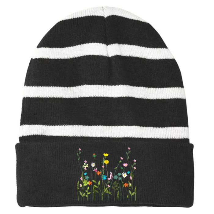 Wildflower Summer Flowers Blooming Floral Graphic Striped Beanie with Solid Band