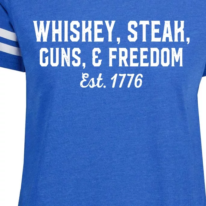 Whiskey Steak Guns Freedom Est 1776 National Day Enza Ladies Jersey Football T-Shirt